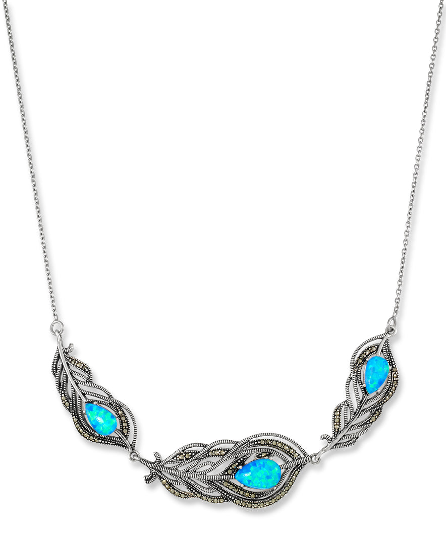 Sterling Silver_Tori Hill® Sterling Silver Genuine Marcasite Peacock Feather Necklace with Created Opals_I_Heart_1