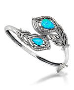 Load image into Gallery viewer, Sterling Silver_Tori Hill® Genuine Marcasite Peacock Fethers Bypass Bangle Bracelet with Simulated Opals_I_Heart_1