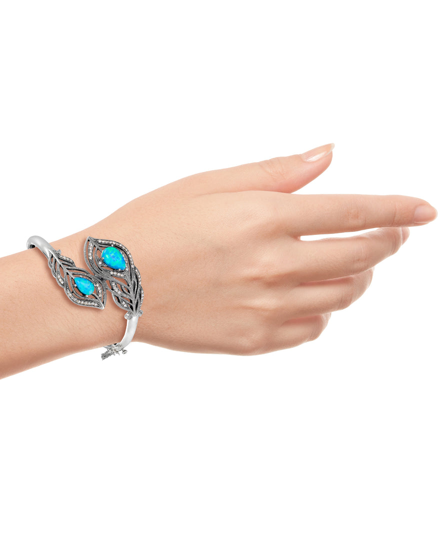 Sterling Silver_Tori Hill® Genuine Marcasite Peacock Fethers Bypass Bangle Bracelet with Simulated Opals_I_Heart_1