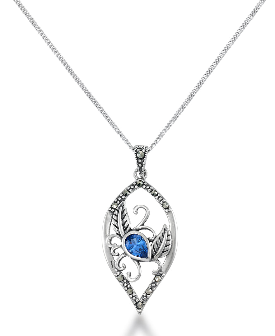 Sterling Silver_Tori Hill® Genuine Marcasite Simulated Blue Topaz Leaf Design Pendant, 18" Chain_I_Heart_1