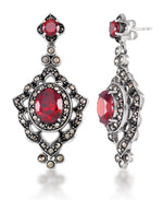 Load image into Gallery viewer, Sterling Silver_Tori Hill® Genuine Marcasite Victorian Drop Earrings with Brilliant Simulated Rubies_I_Heart_1