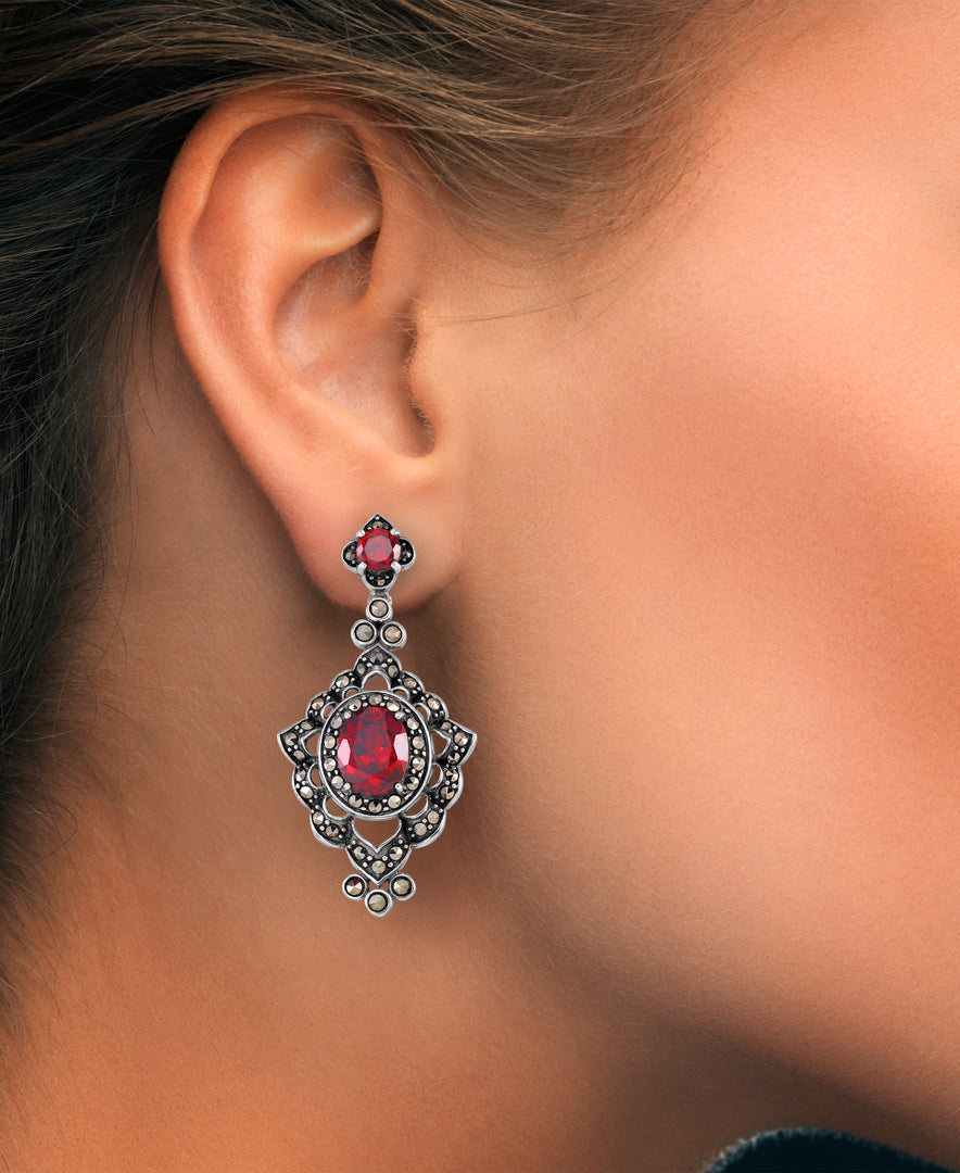 Sterling Silver_Tori Hill® Genuine Marcasite Victorian Drop Earrings with Brilliant Simulated Rubies_I_Heart_1