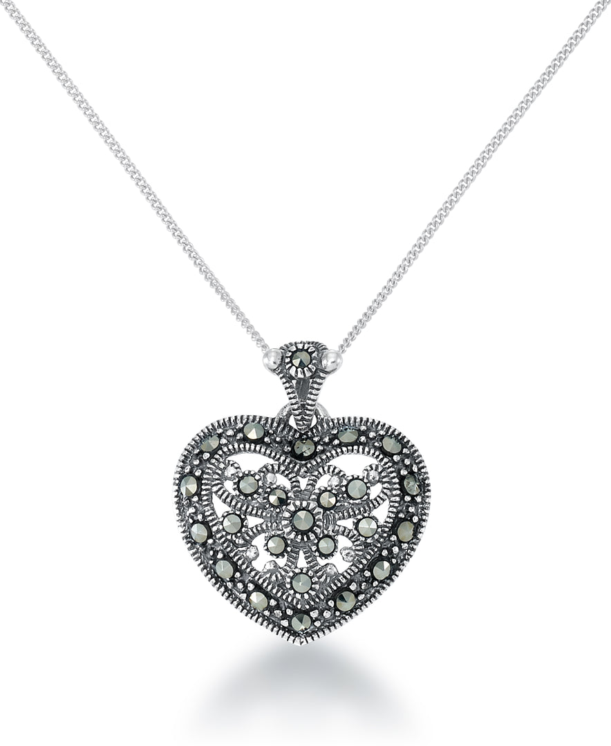 Sterling Silver_Tori Hill® Genuine Marcasite Victorian Heart Pendant, 18" Chain_I_Heart_1