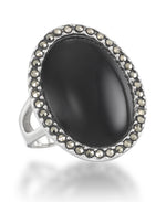 Load image into Gallery viewer, Sterling Silver_Tori Hill® Genuine Marcasite and Black Onyx Domed Oval Halo Ring_I_Heart_1