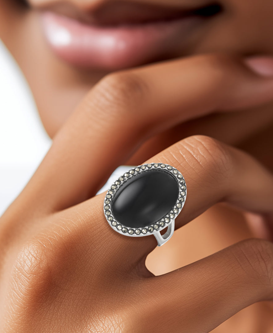Sterling Silver_Tori Hill® Genuine Marcasite and Black Onyx Domed Oval Halo Ring_I_Heart_1