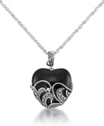 Load image into Gallery viewer, Sterling Silver_Tori Hill® Sterling Silver Genuine Marcasite and Black Onyx Filigree Heart Pendant, 18" Chain_I_Heart_1