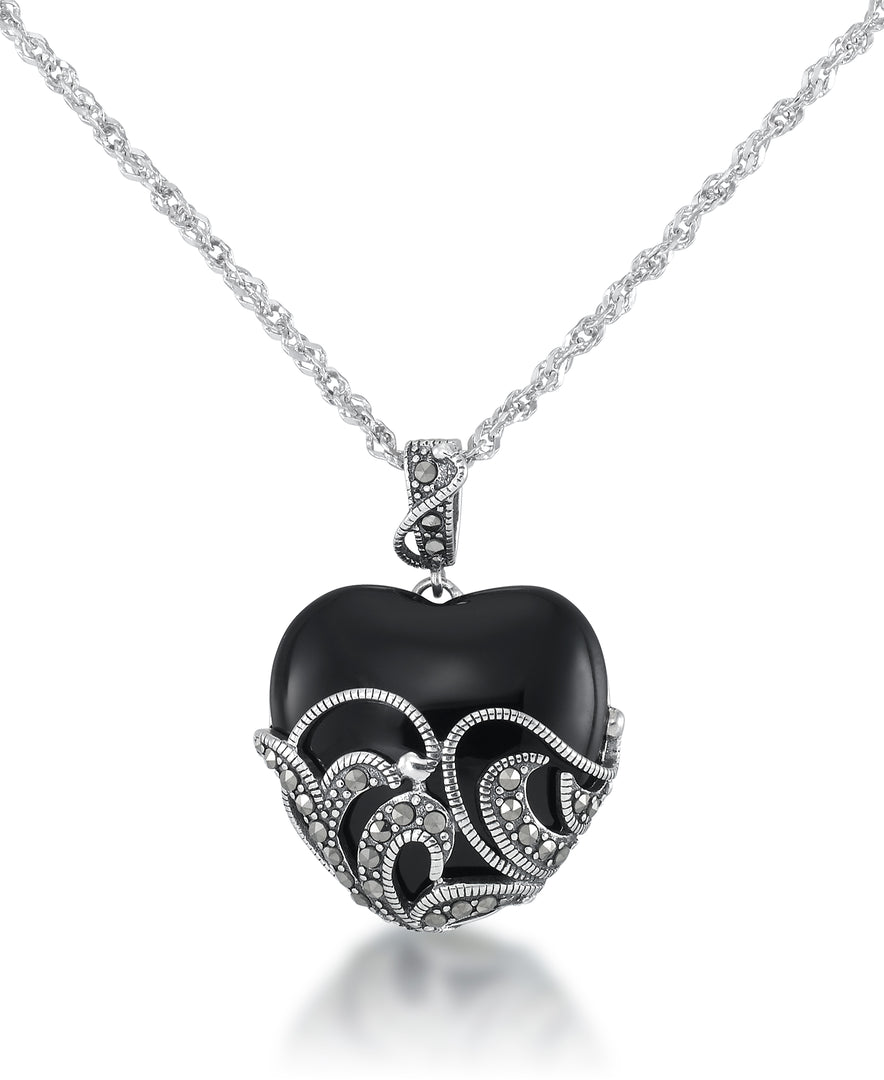 Sterling Silver_Tori Hill® Sterling Silver Genuine Marcasite and Black Onyx Filigree Heart Pendant, 18" Chain_I_Heart_1