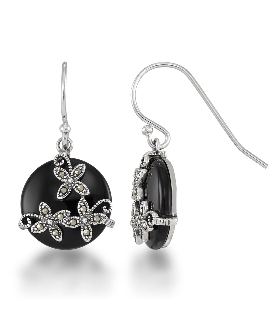 Sterling Silver_Tori Hill® Genuine Marcasite and Black Onyx Floral Round Dangle Earrings_I_Heart_1
