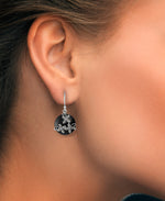 Load image into Gallery viewer, Sterling Silver_Tori Hill® Genuine Marcasite and Black Onyx Floral Round Dangle Earrings_I_Heart_1
