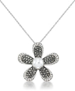 Load image into Gallery viewer, Sterling Silver_Tori Hill® Genuine Marcasite and Crystal Large Flower Pendant with Perfectly Round Simulated Pearl, 18" Chain_I_Heart_1