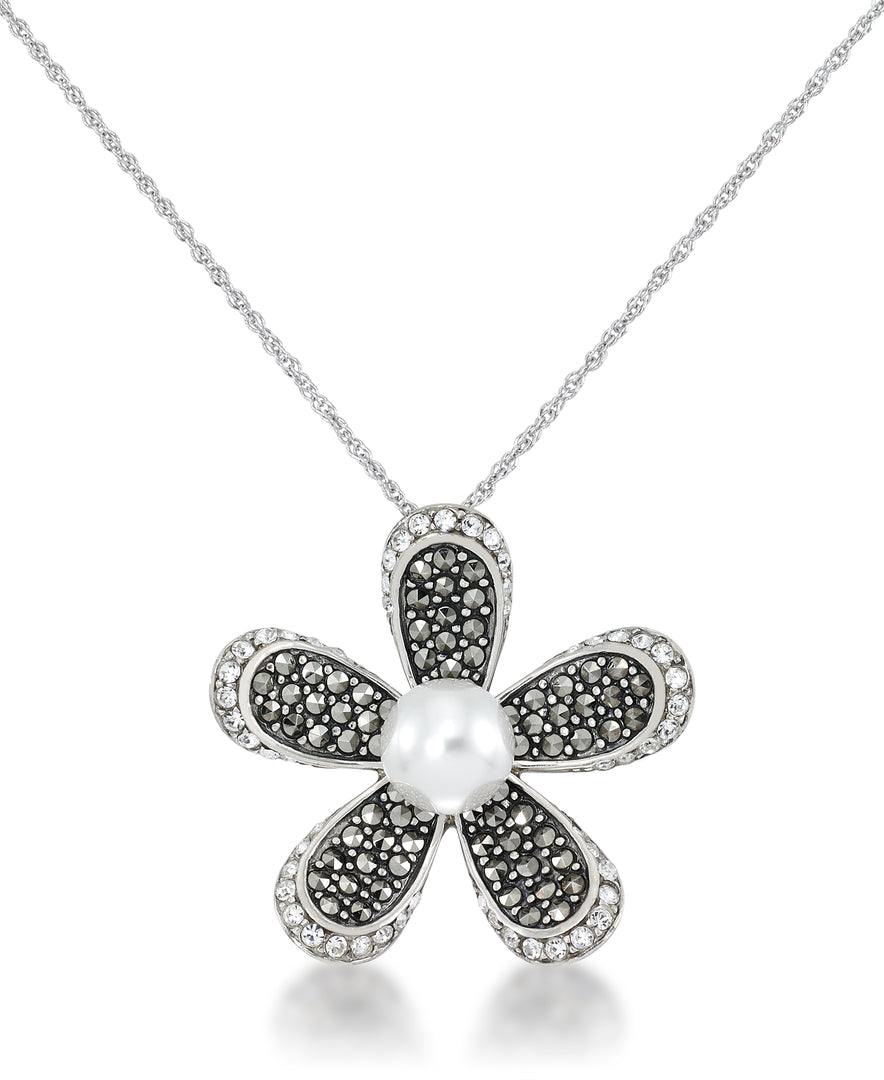 Sterling Silver_Tori Hill® Genuine Marcasite and Crystal Large Flower Pendant with Perfectly Round Simulated Pearl, 18" Chain_I_Heart_1