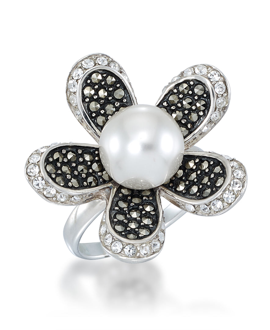 Sterling Silver_Tori Hill® Genuine Marcasite and Crystal Large Flower Ring with Perfectly Round Simulated Pearl_I_Heart_1