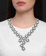 Load image into Gallery viewer, Sterling Silver_Tori Hill® Genuine Marcasite and Crystal Sculpted Floral Necklace with Perfectly Round Simulated Pearls_I_Heart_1