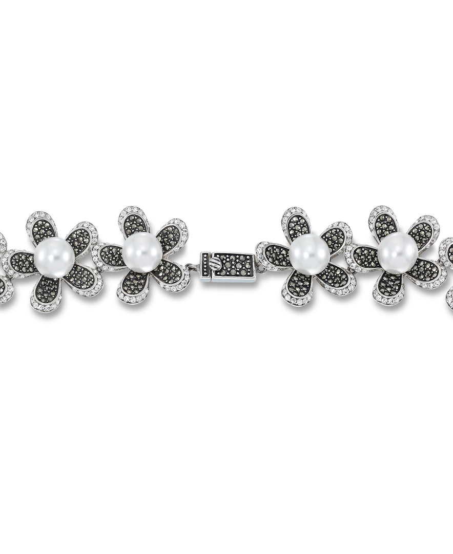 Sterling Silver_Tori Hill® Genuine Marcasite and Crystal Sculpted Floral Necklace with Perfectly Round Simulated Pearls_I_Heart_1