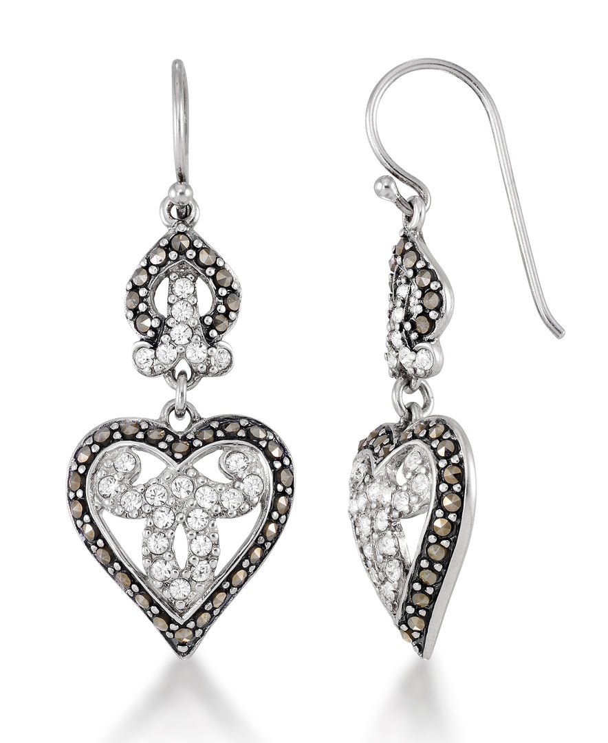 Sterling Silver_Tori Hill® Genuine Marcasite and Crystals Elongated Heart Dangle Earrings_I_Heart_1