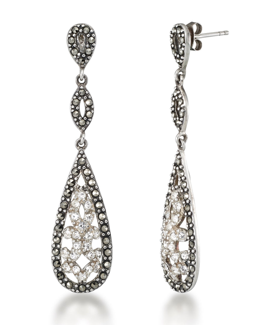Sterling Silver_Tori Hill® Genuine Marcasite and Crystals Elongated Teardrop Dangle Earrings_I_Heart_1