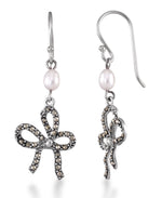 Load image into Gallery viewer, Sterling Silver_Tori Hill® Genuine Marcasite and Cultured Freshwater Pearl Bow Dangle Earrings_I_Heart_1