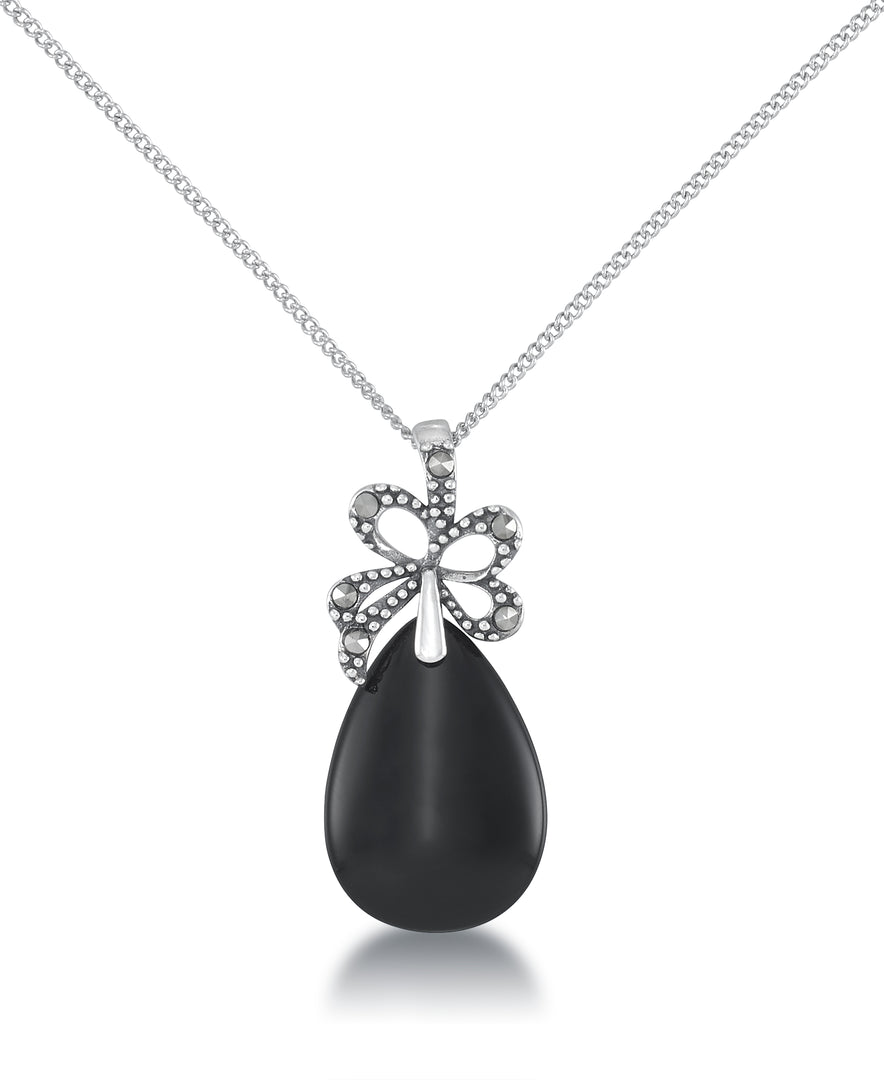Sterling Silver_Tori Hill® Genuine Marcasite and Facated Onyx Bow and Teardrop Pendant, 18"_I_Heart_1