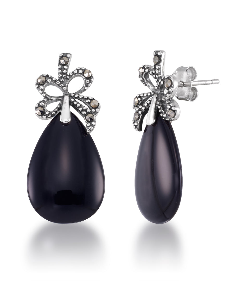 Sterling Silver_Tori Hill® Genuine Marcasite and Faceted Onyx Bow and Teardrop Dangle Earrings_I_Heart_1