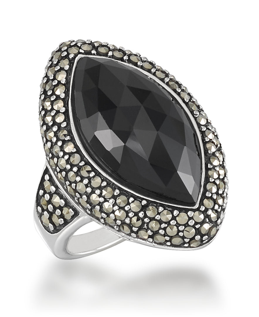 Sterling Silver_Tori Hill® Genuine Marcasite and Faceted Onyx Marquise Shape Halo Ring_I_Heart_1