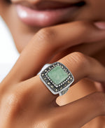 Load image into Gallery viewer, Sterling Silver_Tori Hill® Genuine Marcasite and Jade Cushion Halo Ring_I_Heart_1