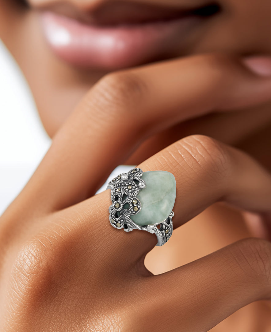 Sterling Silver_Tori Hill® Genuine Marcasite and Jade Marquise Floral Ring_I_Heart_1