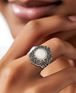 Load image into Gallery viewer, Sterling Silver_Tori Hill® Genuine Marcasite and Mother of Pearl Baroque Style Ring_I_Heart_1
