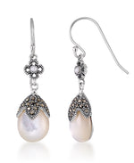 Load image into Gallery viewer, Sterling Silver_Tori Hill® Genuine Marcasite and Mother of Pearl Teardrop Dangle Earrings_I_Heart_1