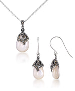 Load image into Gallery viewer, Sterling Silver_Tori Hill® Genuine Marcasite and Mother of Pearl Teardrop Dangle Earrings and Pendant Set, 18" Chain_I_Heart_1