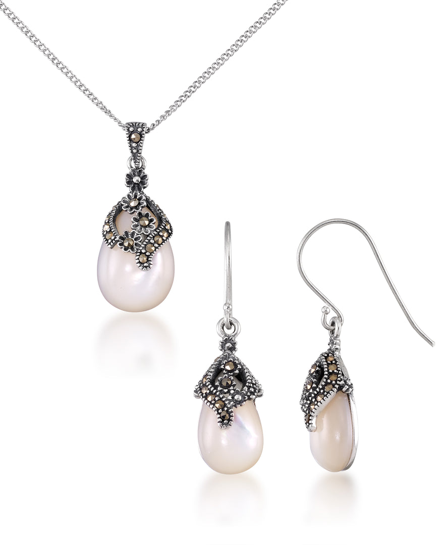 Sterling Silver_Tori Hill® Genuine Marcasite and Mother of Pearl Teardrop Dangle Earrings and Pendant Set, 18" Chain_I_Heart_1