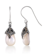Load image into Gallery viewer, Sterling Silver_Tori Hill® Genuine Marcasite and Mother of Pearl Teardrop Dangle Earrings and Pendant Set, 18" Chain_I_Heart_1
