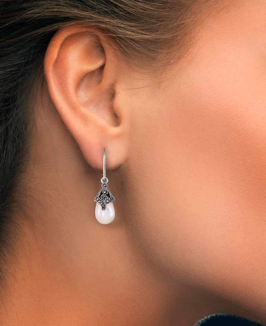 Sterling Silver_Tori Hill® Genuine Marcasite and Mother of Pearl Teardrop Dangle Earrings and Pendant Set, 18" Chain_I_Heart_1