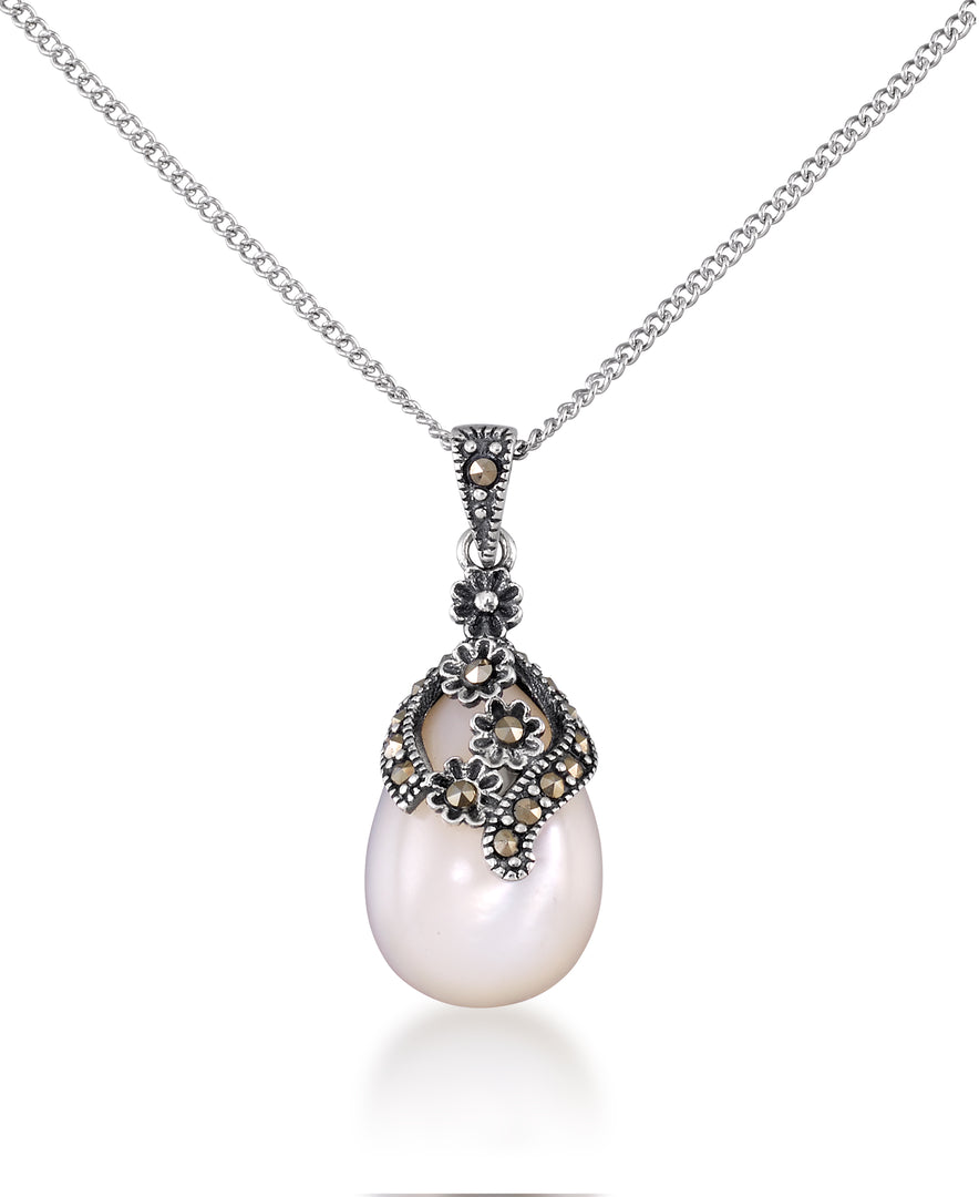 Sterling Silver_Tori Hill® Genuine Marcasite and Mother of Pearl Teardrop Dangle Earrings and Pendant Set, 18" Chain_I_Heart_1