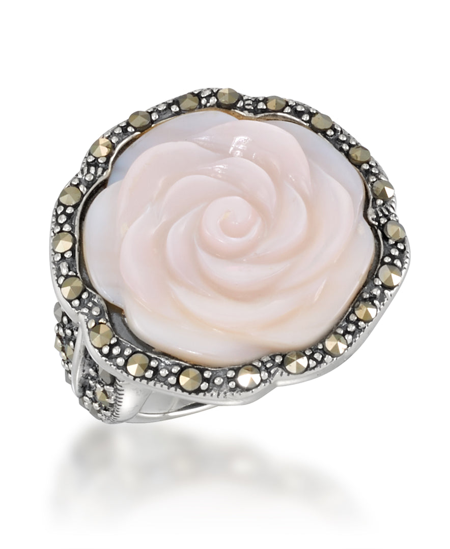 Sterling Silver_Tori Hill® Genuine Marcasite and Pink Mother of Pearl Carved Flower Halo Ring_I_Heart_1