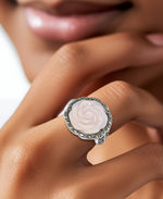 Load image into Gallery viewer, Sterling Silver_Tori Hill® Genuine Marcasite and Pink Mother of Pearl Carved Flower Halo Ring_I_Heart_1
