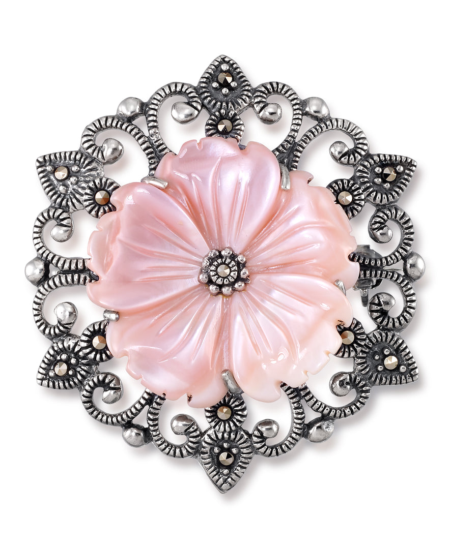 Sterling Silver_Tori Hill® Genuine Marcasite and Pink Mother of Pearl Flower Broach_I_Heart_1