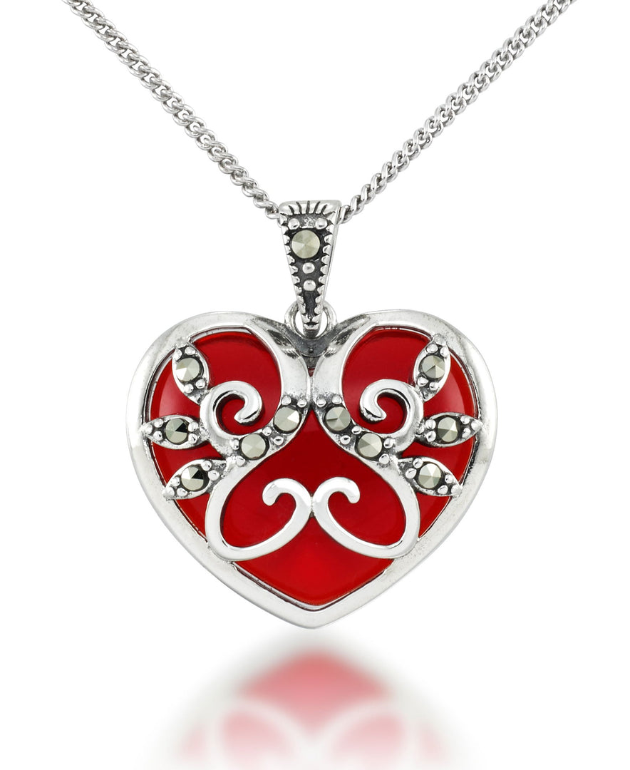Sterling Silver_Tori Hill® Genuine Marcasite and Simulated Ruby Heart Pendant 18"_I_Heart_1