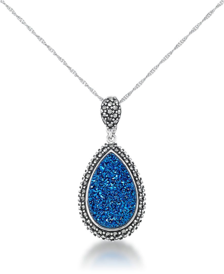 Sterling Silver_Tori Hill® Genuine Marcasite and Royal Blue Drusy Teardrop Pendant, 18" Chain_I_Heart_1