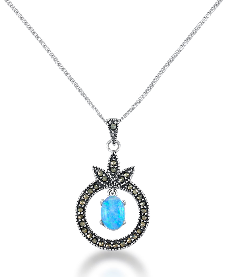 Sterling Silver_Tori Hill® Genuine Marcasite and Simulated Opal Fleur De Lis Circle Pendant, 18" Chain_I_Heart_1