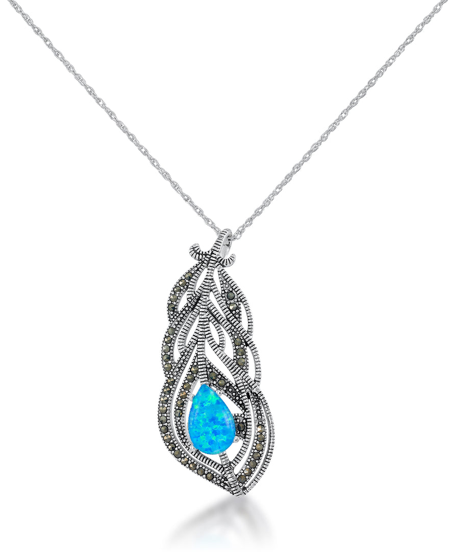 Sterling Silver_Tori Hill® Genuine Marcasite and Simulated Opal Peacock Feather Pendant, 18" Chain_I_Heart_1