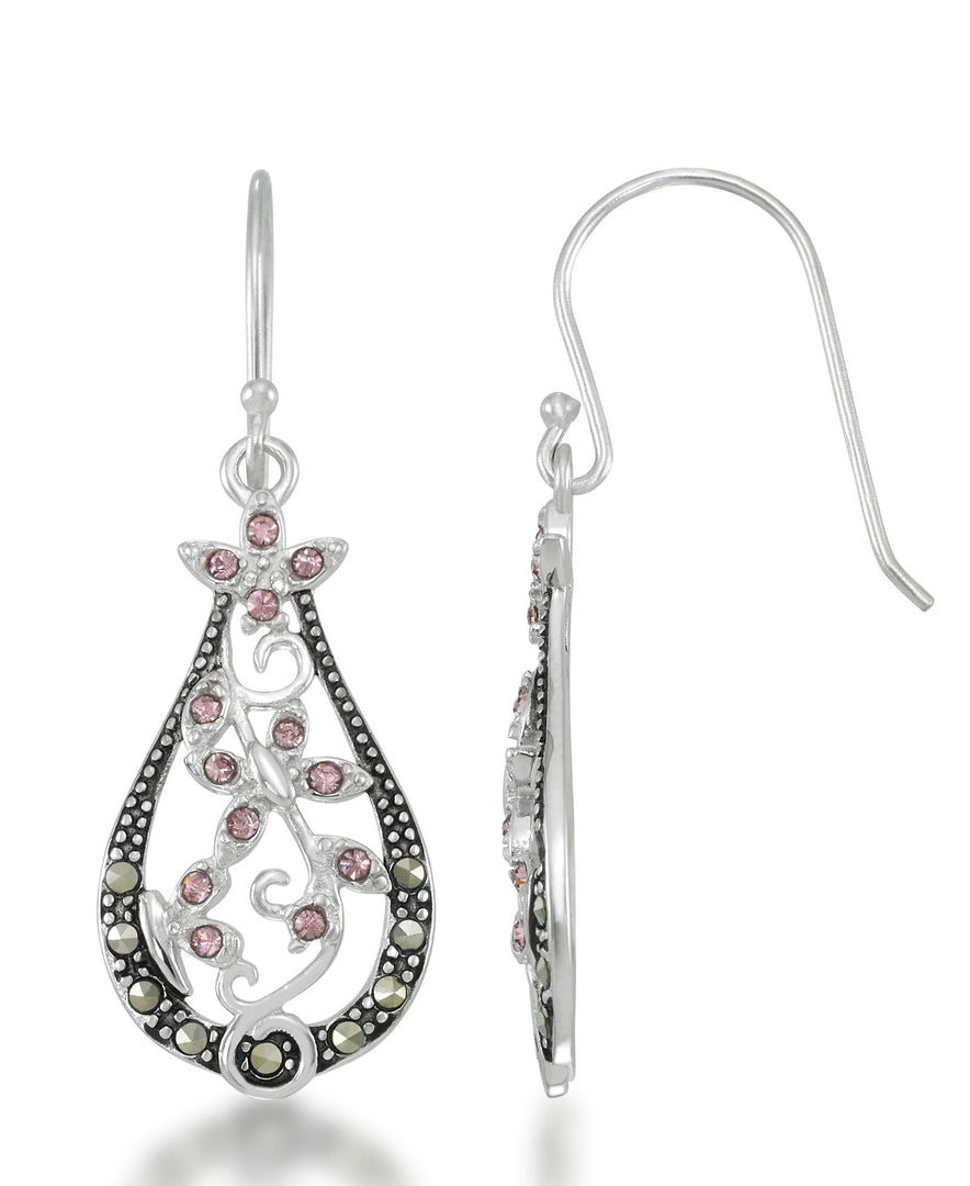 Sterling Silver_Tori Hill® Genuine Marcasite and Simulated Pink Tourmaline Vine Motif Dangle Earrings_I_Heart_1
