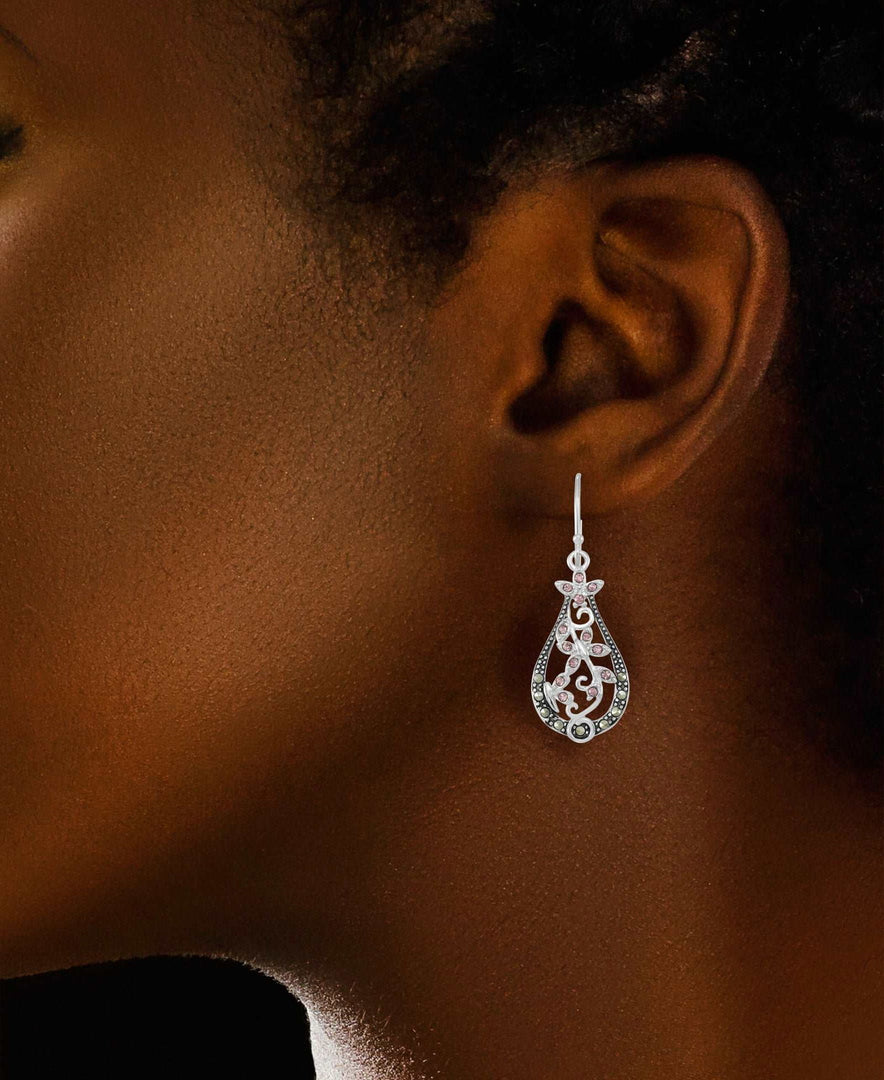 Sterling Silver_Tori Hill® Genuine Marcasite and Simulated Pink Tourmaline Vine Motif Dangle Earrings_I_Heart_1