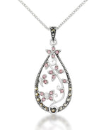 Load image into Gallery viewer, Sterling Silver_Tori Hill® Genuine Marcasite and Simulated Pink Tourmaline Vine Motif Teardrop Pendant 18"_I_Heart_1