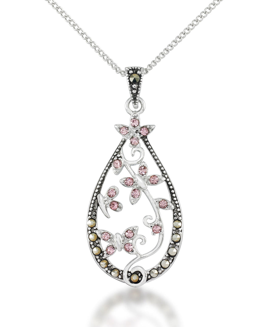 Sterling Silver_Tori Hill® Genuine Marcasite and Simulated Pink Tourmaline Vine Motif Teardrop Pendant 18"_I_Heart_1
