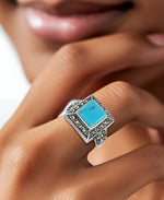 Load image into Gallery viewer, Sterling Silver_Tori Hill® Genuine Marcasite and Simulated Turquoise Emerald Shape Halo Ring_I_Heart_1