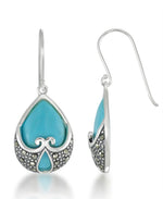Load image into Gallery viewer, Sterling Silver_Tori Hill® Genuine Marcasite and Simulated Turquoise Teardrop Dangle Earrings_I_Heart_1