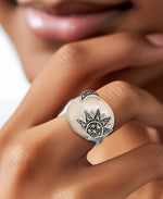 Load image into Gallery viewer, Sterling Silver_Tori Hill® Genuine Marcasite and White Agate Moon and Sun Oval Ring_I_Heart_1