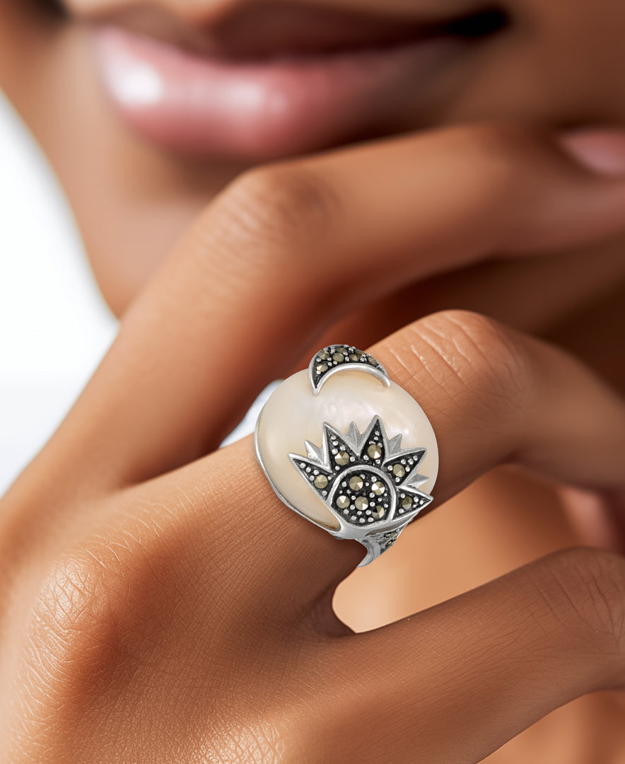 Sterling Silver_Tori Hill® Genuine Marcasite and White Agate Moon and Sun Oval Ring_I_Heart_1