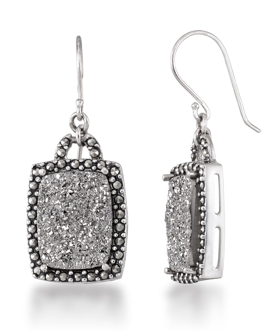 Sterling Silver_Tori Hill® Genuine Marcasite and grey Drusy Cushion Shaped Dangle Earrings_I_Heart_1