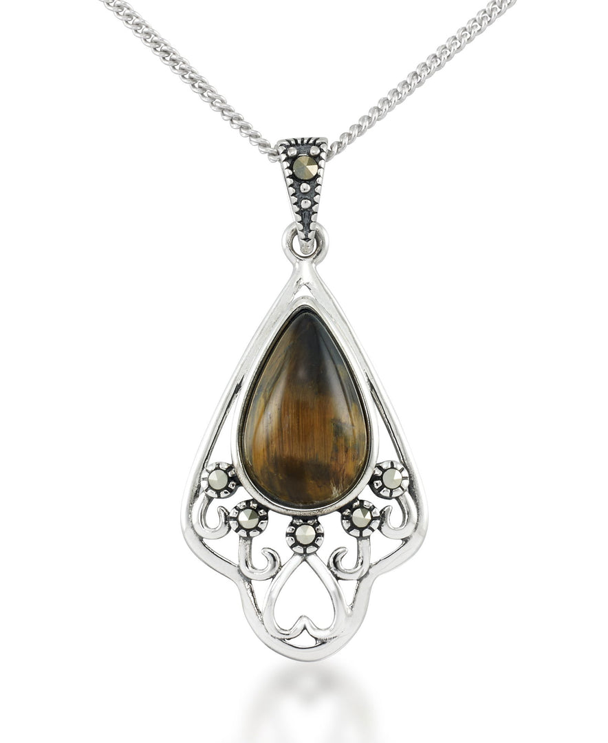Sterling Silver_Tori Hill® Genuine Tiger's Eye and Marcasite Pendant 18"_I_Heart_1